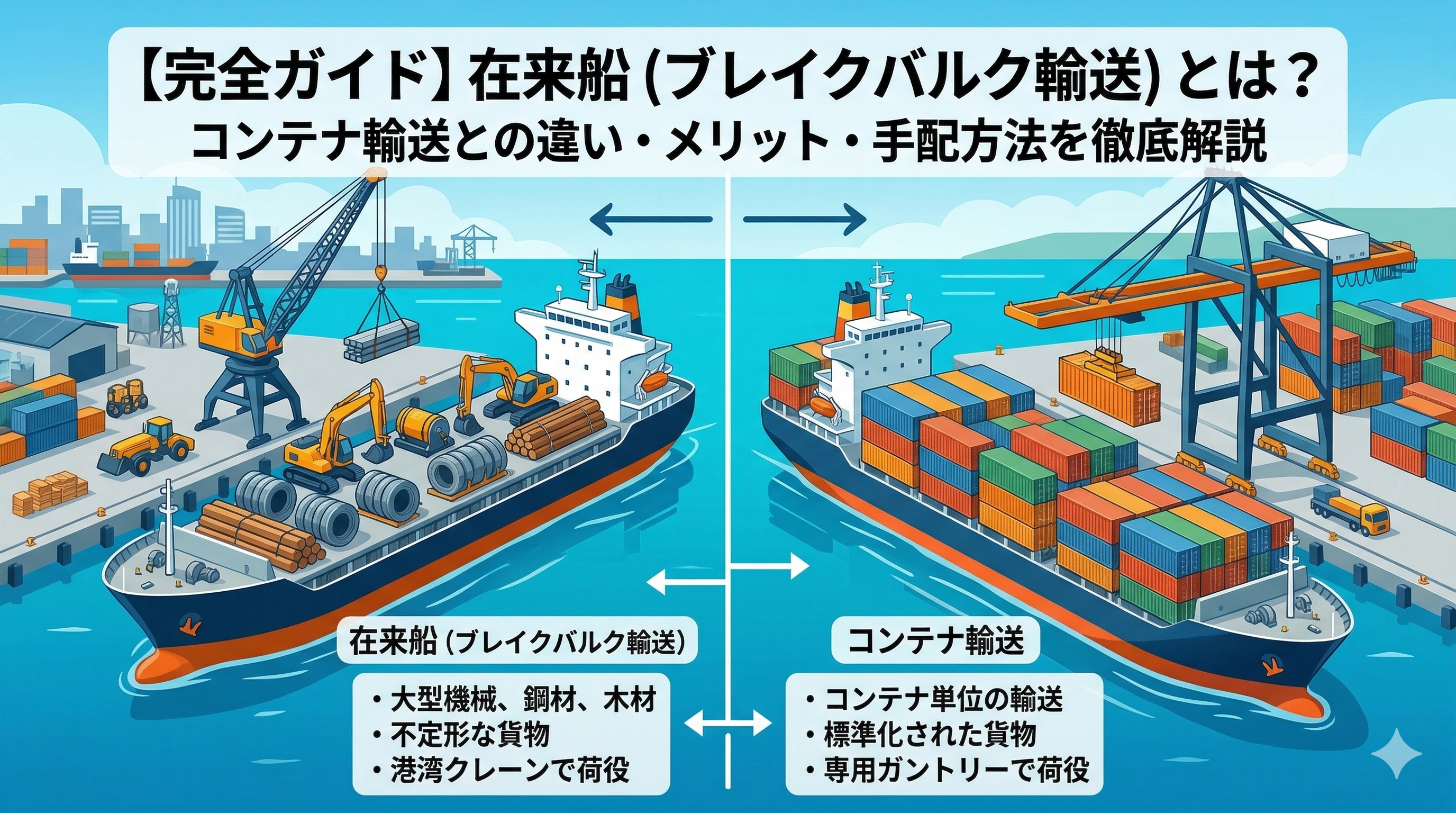 【完全ガイド】在来船（ブレイクバルク輸送）とは？コンテナ輸送との違い・メリット・手配方法を徹底解説