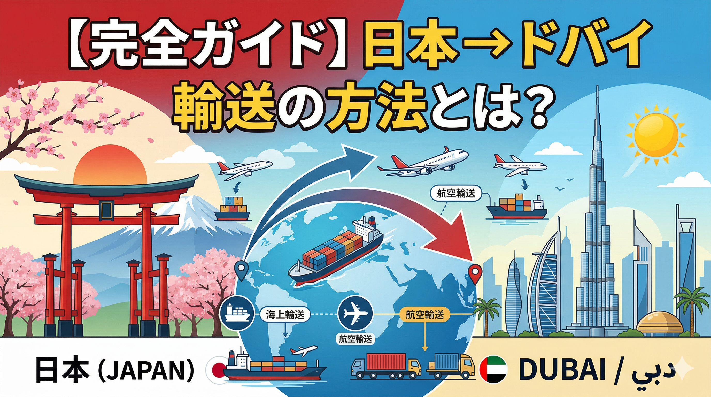 【完全ガイド】日本 → ドバイ 輸送の方法とは？費用・日数・注意点を実務ベースで解説 日本からドバイへの輸送でお困りではありませんか？ 日本からドバイに貨物を送りたい 航空便と海上便どちらを選べばいいか分からない 費用や日数の目安を知りたい 通関や書類に不安がある 初めての輸出で何から始めればいいか分からない  日本 → ドバイ輸送は需要が高い一方で、 輸送方法・書類・規制の理解が必要なため、トラブルが発生しやすい分野です。  本記事では、実務ベースで分かりやすく解説します。  日本 → ドバイ輸送の主な方法 航空輸送（Air Freight）  スピード重視の輸送方法です。  特徴 輸送日数：3〜5日程度 安定した輸送が可能 小口〜中量貨物に最適 向いている貨物 緊急案件 高額商品 サンプル 海上輸送（Ocean Freight）  コスト重視の場合に適しています。  特徴 輸送日数：20〜30日程度 大量輸送に向いている コストを抑えられる 種類 LCL（混載） FCL（コンテナ） 日本 → ドバイ輸送の費用目安  費用は以下の要素で決まります。  重量・容積（C/W） 輸送方法 サーチャージ 通関費用 現地配送費  一般的に  航空輸送：高コスト・短納期 海上輸送：低コスト・長納期  となります。  日本 → ドバイ輸送に必要な書類  輸出には以下の書類が必要です。  インボイス（Invoice） パッキングリスト（Packing List） AWB / B/L 該非判定書（必要な場合）  書類不備は通関トラブルの最大要因となります。  ドバイ向け輸送で重要なポイント（オリジナル書類） オリジナル書類が必要になるケース  ドバイ向け輸送では、貨物や取引条件によって コピーではなくオリジナル書類が求められるケースがあります。  主な対象：  原産地証明書（CO） 認証済みインボイス 一部の船荷証券（B/L） 食品・化学品・医療関連貨物  特に海上輸送では、 オリジナルB/Lがないと貨物引き取りができない場合があります。  よくあるトラブル オリジナル書類の到着遅れ コピーで進めてしまい通関停止 認証未対応 書類内容の不一致  👉 通関遅延・追加費用の原因になります。  対応時のポイント オリジナル書類の要否確認 認証（アテステーション）の有無 B/L条件（Original / Telex Release） 書類発送スケジュール  👉 出荷前の確認が非常に重要です。  ドバイ輸入時の注意点 規制対象の確認  以下のような品目は注意が必要です。  食品 医薬品・化粧品 電子機器  事前確認を行わないと通関で止まる可能性があります。  関税・VAT 関税：約5％ VAT：約5％  条件（DDP / DAP）により負担者が変わります。  インコタームズの設定 EXW FOB DDP  条件設定を誤ると、責任範囲のトラブルになります。  よくあるトラブル 通関で止まる 書類不備 HSコード誤り 規制対象 費用が想定より高い 重量計算ミス 追加費用 納期遅延 フライト遅延 書類遅れ 通関遅延 スムーズに輸送するためのポイント 出荷前チェック HSコード確認 書類チェック 規制確認 輸送方法選定 書類条件（Original有無）確認  👉 事前準備でトラブルの大半は防げます。  まとめ  日本 → ドバイ輸送は、  航空輸送（3〜5日） 海上輸送（20〜30日）  を用途に応じて使い分けます。  特に重要なのは、  書類の正確性 規制確認 オリジナル書類の対応  です。  ■ 日本 → ドバイ輸送をご検討の方へ（CV）  日本からドバイへの輸送は、 単なる輸送手配ではなく、書類・規制・通関条件の理解が不可欠です。  特にドバイ向けでは、 オリジナル書類の有無や認証対応によって通関可否が大きく変わります。  当社では、  航空・海上輸送手配 HSコード確認 インボイス・書類作成 非該当証明書対応 規制確認 オリジナル書類の要否確認 認証手続きサポート B/L手配（Original / Telex対応） 通関・輸送の一括対応  まで対応しております。  初めての輸出、現在トラブルで止まっている案件も対応可能です。  👉 「この条件で問題ないか？」などの事前確認も可能です 👉 最適な輸送方法・費用をご提案いたします（無料）