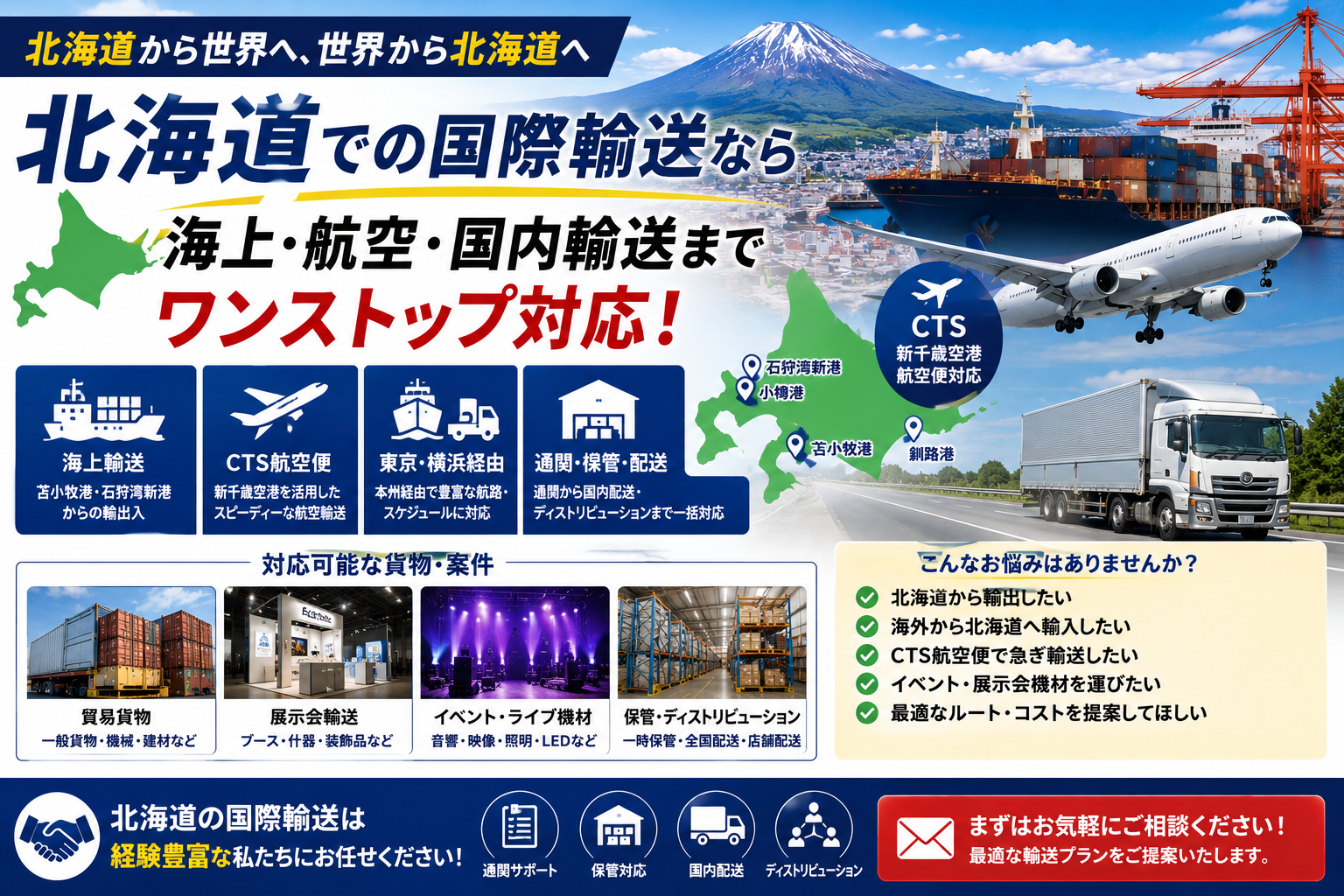 【完全ガイド】北海道での国際輸送とは？輸出・輸入・CTS航空便・イベント輸送まで実務ベースで解説