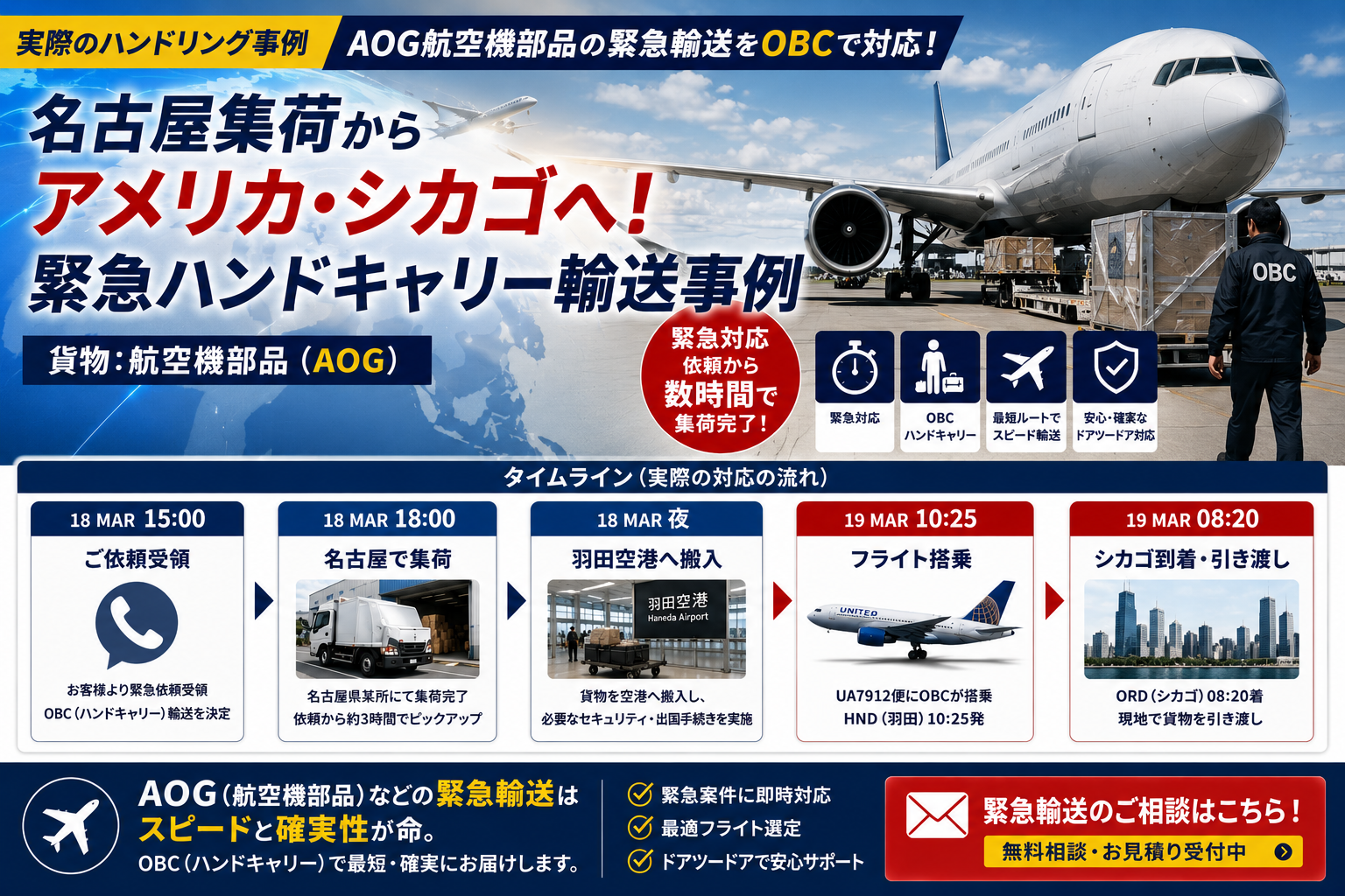 【緊急OBC対応事例】名古屋集荷からアメリカ向けハンドキャリー輸送｜AOG航空機部品を緊急輸送