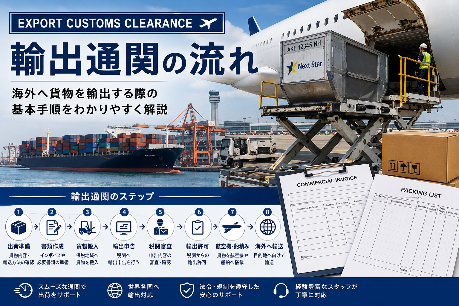 輸出通関の流れとは?日本から海外へ貨物を輸出する際の基本手順を解説 - 株式会社ネクストスター(フレイト・フォワーダー)