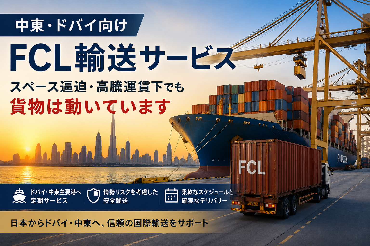 中東・ドバイ向けFCL輸送サービス｜スペース逼迫・高騰運賃下でも動いている海上輸送