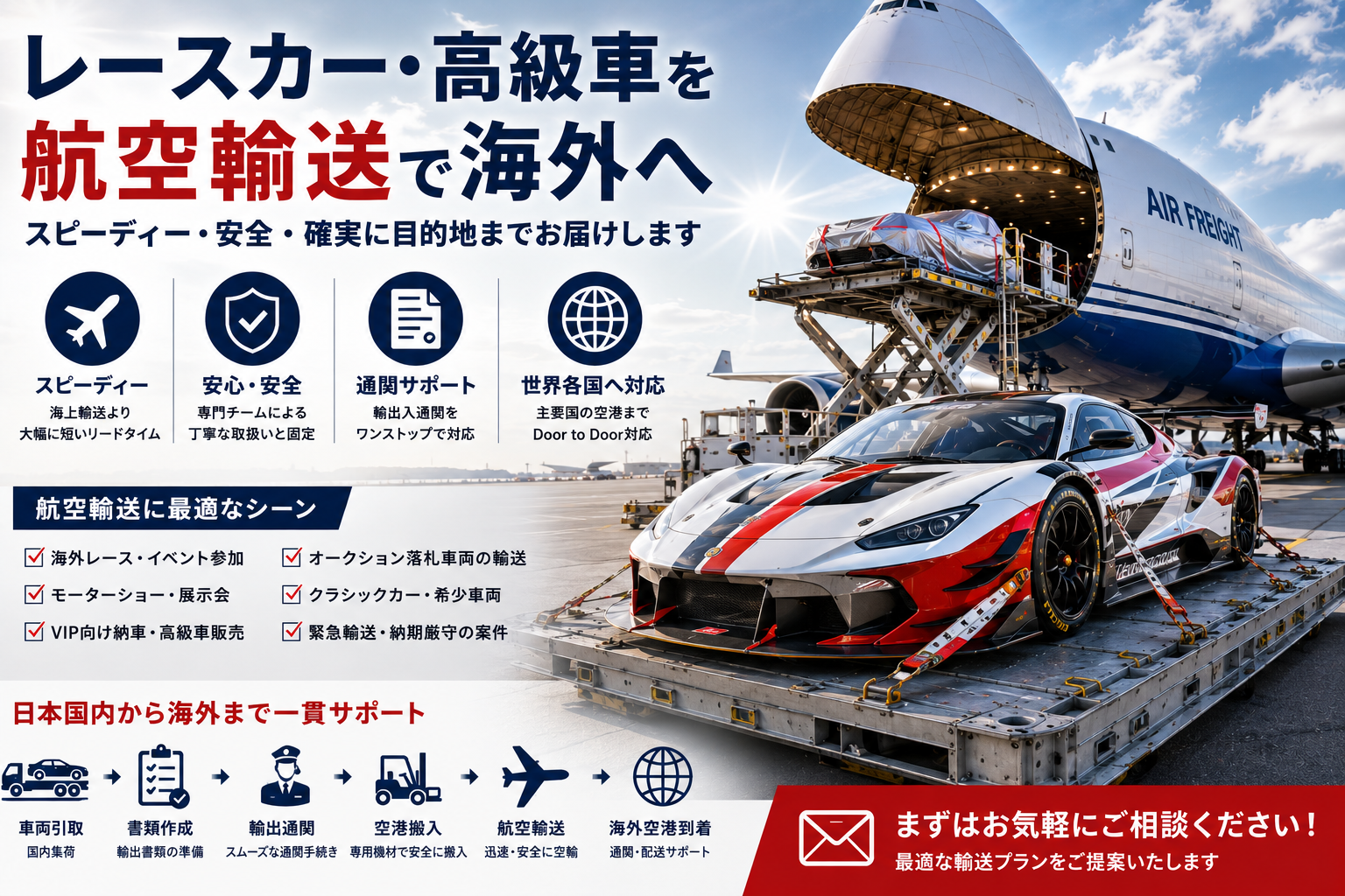 レースカー・高級車を航空輸送で海外へ輸出する方法｜日本発の車両航空貨物・通関・空港搬入まで解説