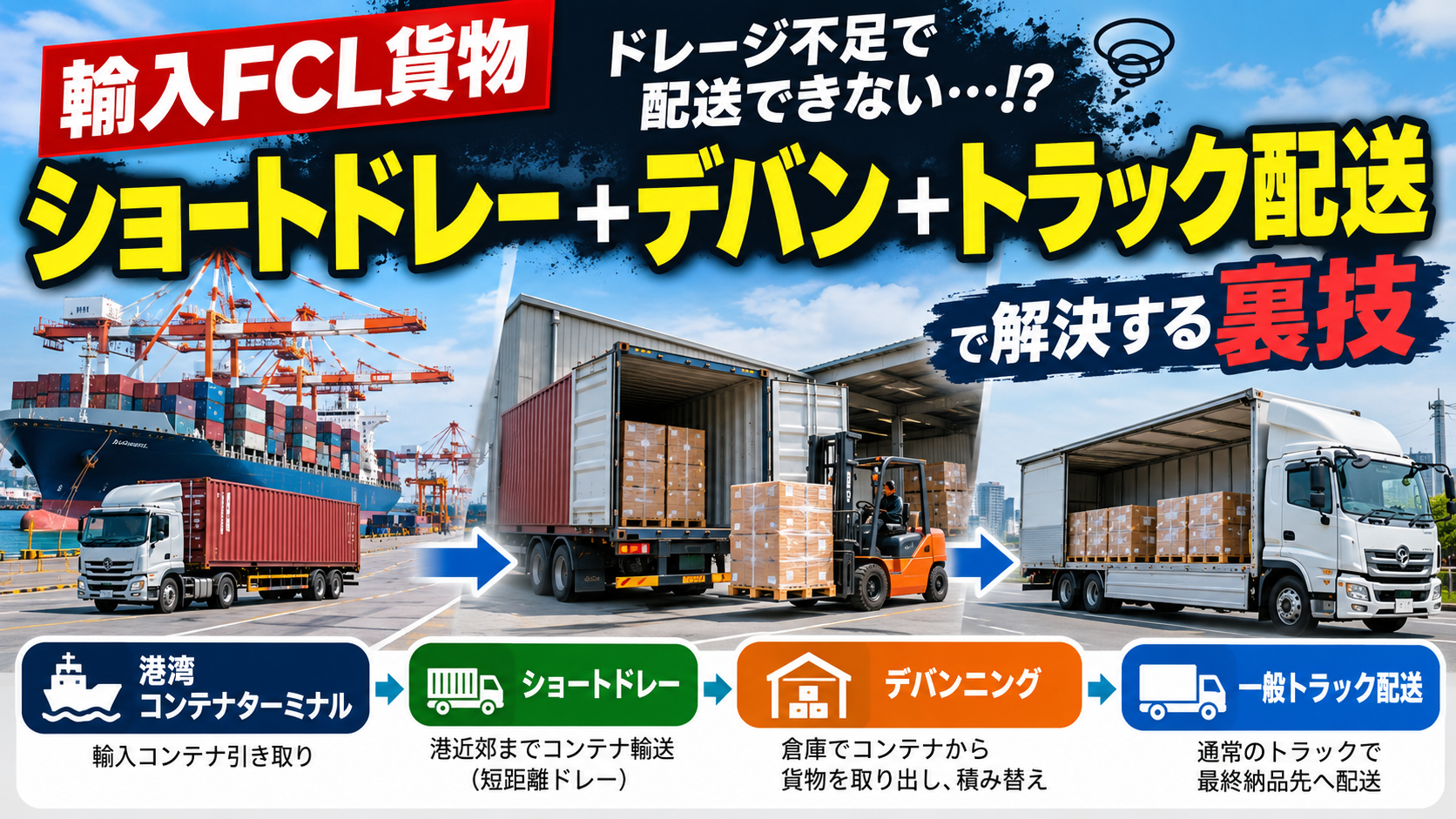 【物流の裏技】輸入FCL貨物がドレージ不足で配送できない！「ショートドレー＋デバン＋トラック配送」という解決策